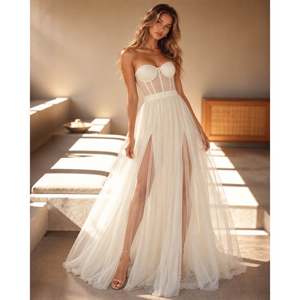 Corset Tulle Maxi Dress Cream Bustier Sheer Ethereal Gown Womens Med High Slit
